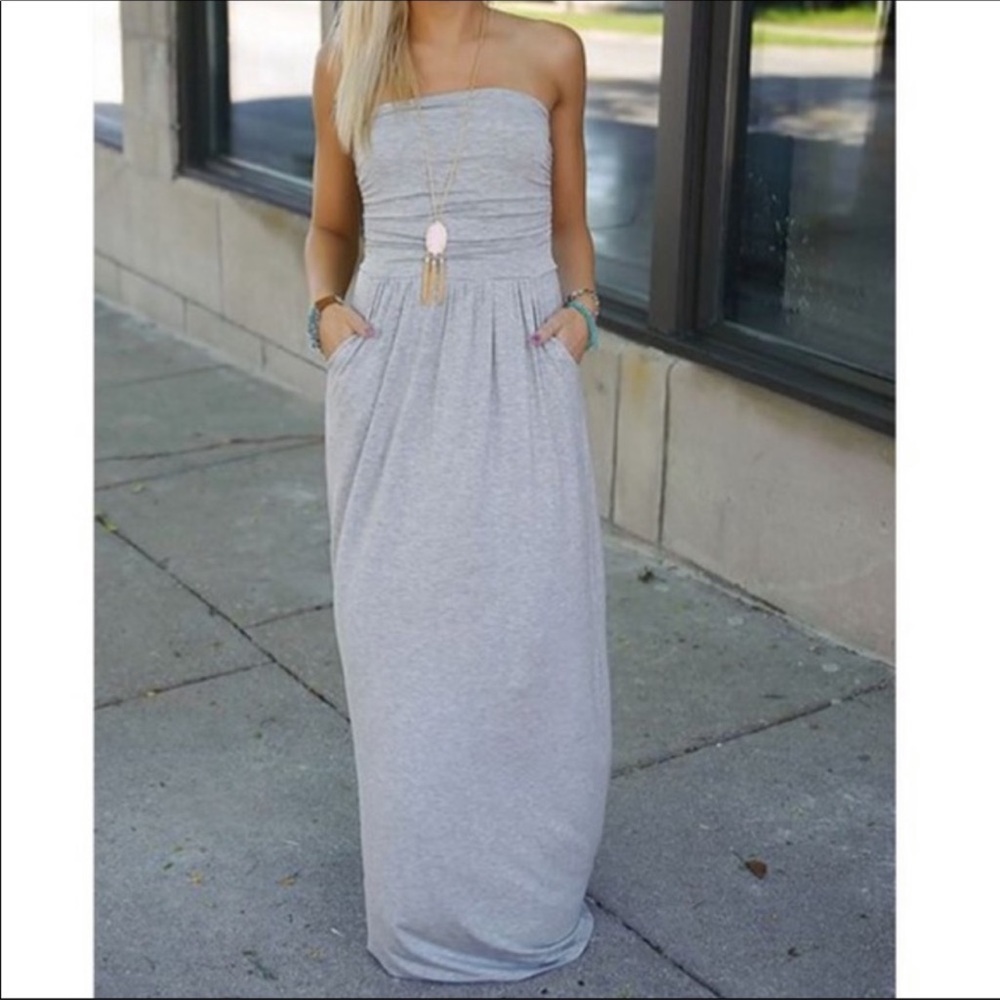 ✨LAST ONE✨Gray chic tube maxi dress with side pockets - Picture 3 of 5